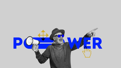 Elderly man with megaphone, pointing aside with cursor icon, power symbol and tech elements on...