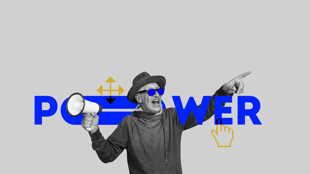 Elderly man with megaphone, pointing aside with cursor icon, power symbol and tech elements on background. Concept of elderly people and modern technologies, innovations - Powered by Adobe