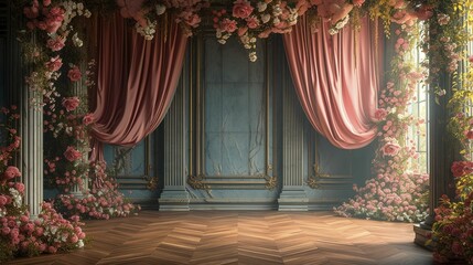 Digital backdrop For Photography featuring luxurious pink drapery with colorful floral and parquet flooring 43af-a5ae-e94b2b28c9c4
