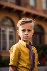 portrait of a young boy standing in front of a building