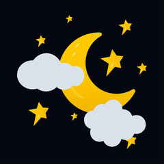Night sky with crescent moon, stars and clouds. Vector illustration.