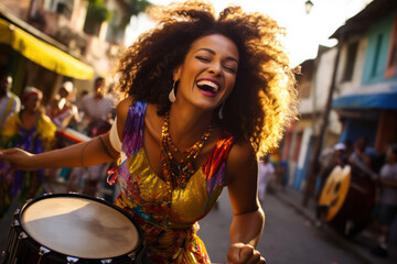 
Photography of a 35-year-old female Brazilian singer performing lively samba music on a street in...