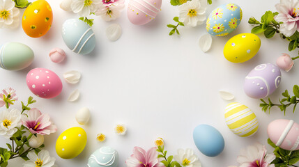 Fototapeta na wymiar a frame crafted from a collection of vibrant Easter eggs, takes center stage against a clear white background to insert your text or image in it 