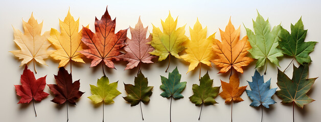 A flat lay Facebook banner image with different colorful maple leaves in order to color tones on white background 