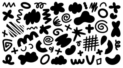 Set of black and white hand drawn elements for design of posters and banners. Simple spots of various shapes. Vector illustration isolated on transparent background.