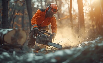 Man worker cutting trees using portable gasoline chainsaw in the forest. Wood industry, sawmill, woodcutter.