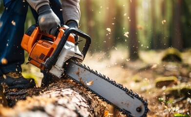 Man worker cutting trees using portable gasoline chainsaw in the forest. Wood industry, sawmill, woodcutter.