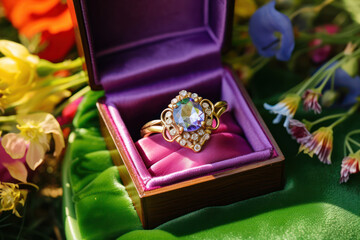 Whimsical ring with colored stones in a playful, open colorful gift box, beside wild meadow flowers, on a picnic blanket