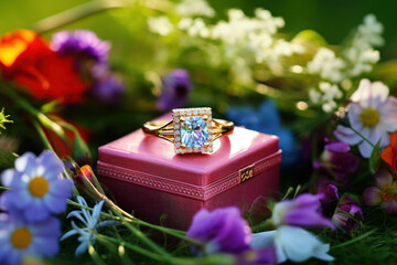 Ring with colored stones in a playful, open colorful gift box, beside wild meadow flowers, on a...