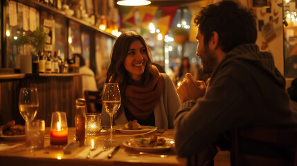 Happy couple engaged in conversation at a cozy restaurant table