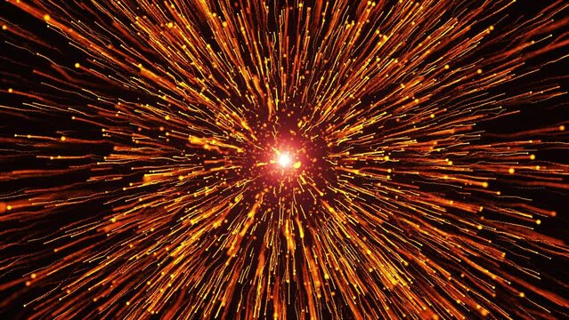Abstract colorful dust explosion of particles, movement of glowing particles, speed of light, fireworks from dots and particles, space scene, futuristic background. Seamless loop 4k video..