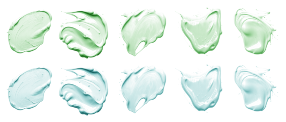 2 Collection set of pastel green turquoise blue, blob paint ink liquid smear smudge swatch cream wax on transparent background cutout, PNG file. Many different design. Mockup template artwork graphic