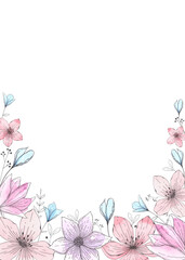 A beautiful template for postcards, greetings, holidays with colorful watercolor flowers, hand-drawn. Floral background with space for text. Botanical illustration, flowers with outline and elements.