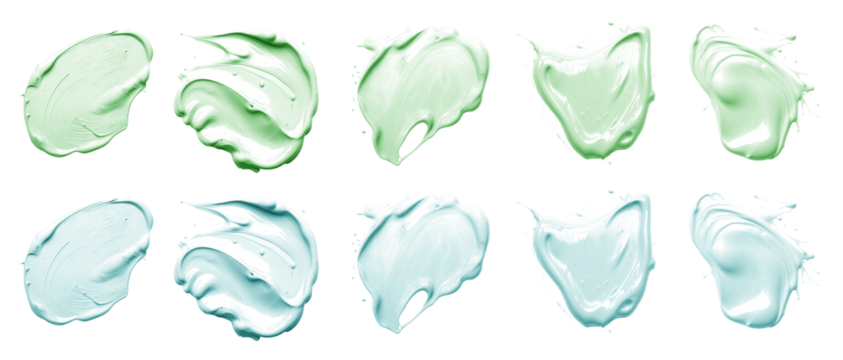 2 Collection set of pastel green turquoise blue, blob paint ink liquid smear smudge swatch cream wax on transparent background cutout, PNG file. Many different design. Mockup template artwork graphic