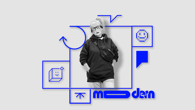 Stylish senior woman in casual hoodie and sunglasses standing against digital icons. Social media campaign with seniors mastering new technology trends. Elderly people and modern technologies concept