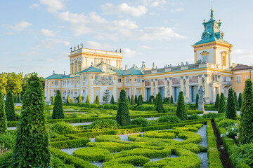 The royal Wilanow Palace in Warsaw, Poland. View of a gardens and facade.