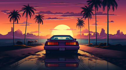 sunset with car wallpaper 