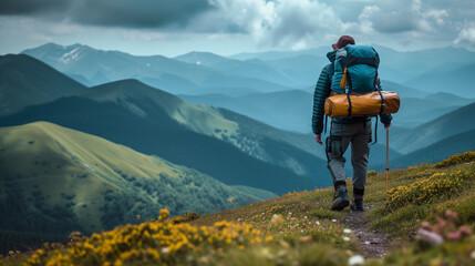 Serene Summit Hiker's Back View on a Mountainous Pathway