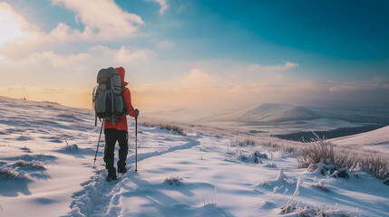 Mountain Majesty Back View of Hiker in Winter Trekking