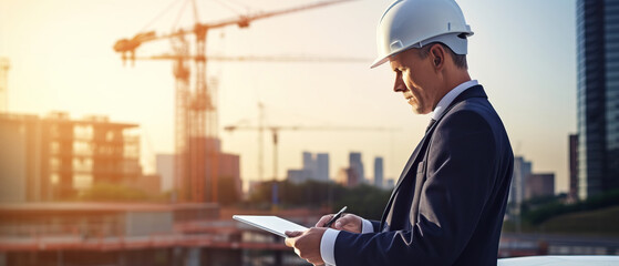 A man in a suit and hard hat is looking at a tablet at a construction site