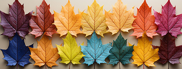 A flat lay Facebook banner image with different colorful maple leaves in order to color tones on...