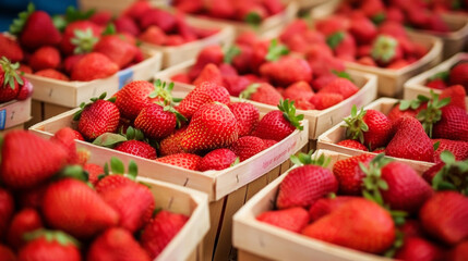 : ripe strawberries arranged on thin wooden box, showcased at a vibrant street food market,...