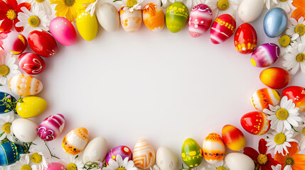 Obraz premium a frame crafted from a collection of vibrant Easter eggs, takes center stage against a clear white background to insert your text or image in it 