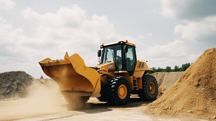 Sand quarry, excavating equipment, bulldozer