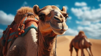 Fototapeten Camel caravan passing through the desert. African landscape. © alexkich