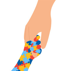 Child with autism holding parents hand.Autism Awareness Day. Background, banner, card, poster with text	