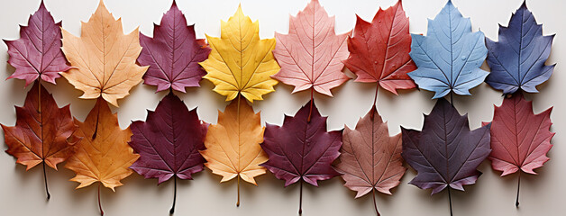 A flat lay Facebook banner image with different colorful maple leaves in order to color tones on white background 