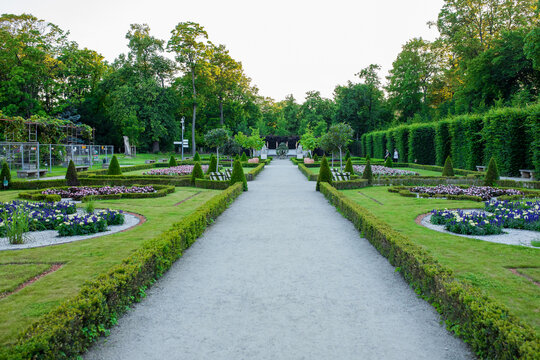 The royal Wilanow Palace in Warsaw, Poland. View of a gardens and facade.
