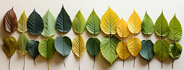 A flat lay Facebook banner image with different colorful leaves in order to color tones on white background 