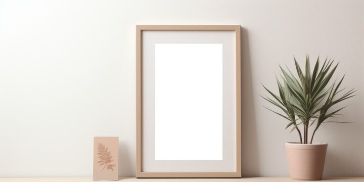 This mockup features a wooden frame, available as a PNG file with a transparent background, placed tastefully on a table, presenting a sophisticated setting for your artwork.