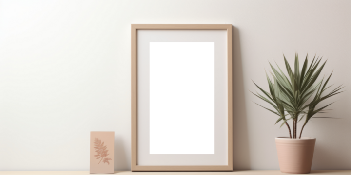 This mockup features a wooden frame, available as a PNG file with a transparent background, placed tastefully on a table, presenting a sophisticated setting for your artwork.