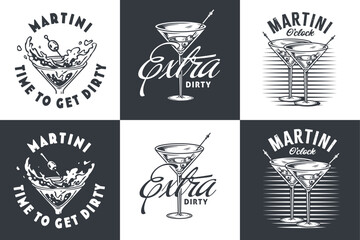 Monochrome martini cocktail vector set with olive and splashes for alcohol for cocktail bar or drink party. Margarita or martini collection for logo or tee print of bartender or barman