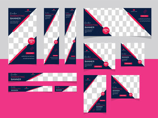 Abstract banner design web template Set, Horizontal header web banner. Set of black and pink web banners of all size with different geometric elements. Social Media Cover ads banner, flyer, invitation