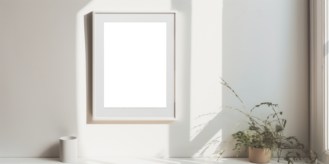 In this mockup, a white frame is displayed against a clear background, set against a sunlit white wall, offering an elegant presentation for your designs or artwork.