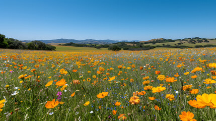 A blooming field of wildflowers, with a clear blue sky as the background, during a sunny spring day