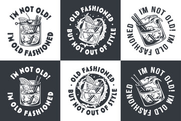 Obraz premium Monochrome Old fashioned cocktail vector set with ice, cherry and splash for design of bar menu. American alcohol cocktail collection with whisky and bourbon for drink party. Tee print
