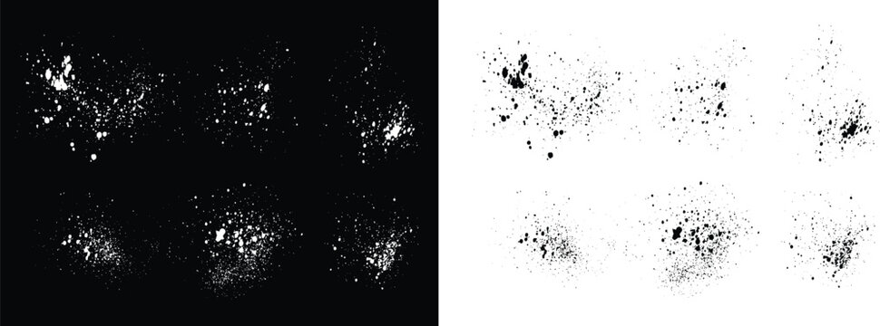 Set of vector brush illustration blood and black and white splatter texture isolated background. Set of grunge brush stroke frame and black and white bleed paint vector splatter background