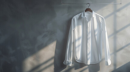 A blank shirt hanging on a hanger, its fabric catching the light against a solid gray backdrop, showcasing the interplay of shadows and highlights. 