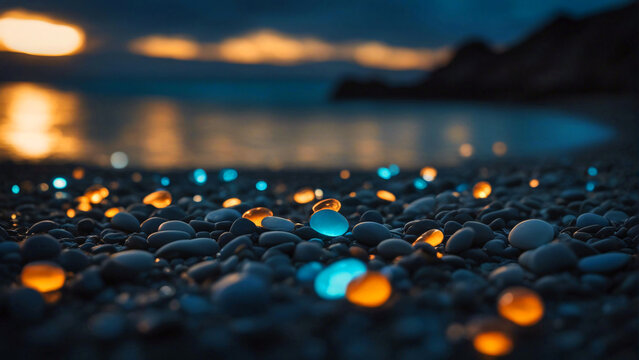 Colorful crystal pebbles glowing in the sea beach at dark.	