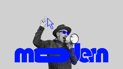 Senior man shouting in megaphone with digital computer element and word modern. Benefits of using news technologies for seniors. Concept of elderly people and modern technologies, innovations