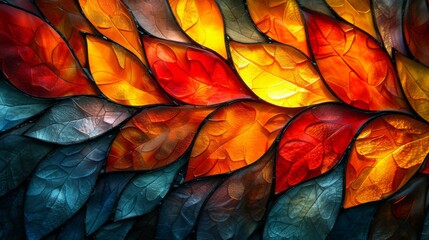 Stained glass window background with colorful leaf abstract.	