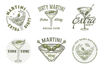 Martini cocktail vector set with olive and splashes for alcohol for cocktail bar or drink party. Margarita or martini collection for logo or tee print of bartender or barman