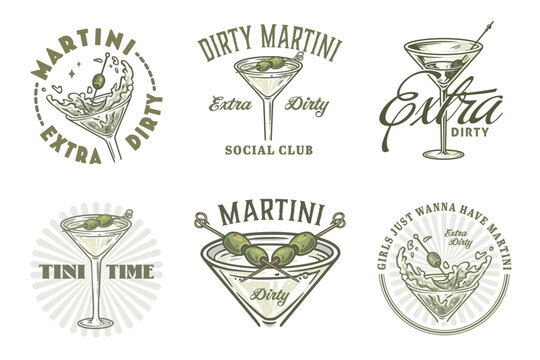 Martini cocktail vector set with olive and splashes for alcohol for cocktail bar or drink party. Margarita or martini collection for logo or tee print of bartender or barman