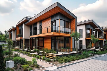 Fototapeta premium Modern Luxury Living Elegant Contemporary Homes with Wooden Accents, Surrounded by Beautifully Landscaped Gardens and Reflective Pools