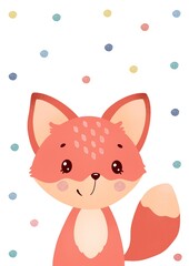 Cute little Fox illustration. Kawaii Fox. Nursery art poster. For kids. Woodland animals print. Girlish print for T-shirt, cards, stickers