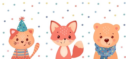 Woodland animal clip art. Nursery art.  Poster set with cute cat, fox, bear. For children